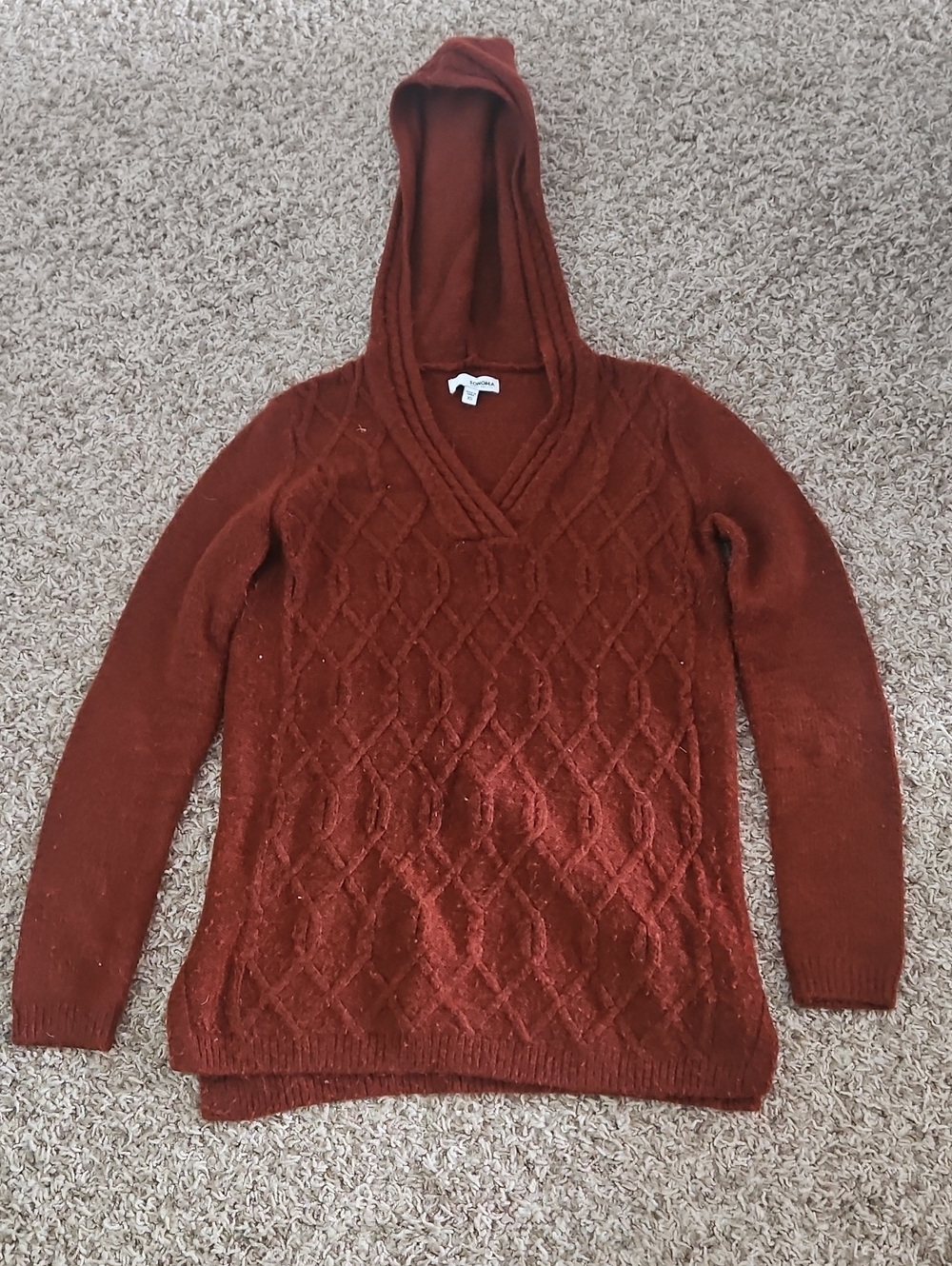 Women's Hooded V-Neck Cable Knit Sweater — Rust